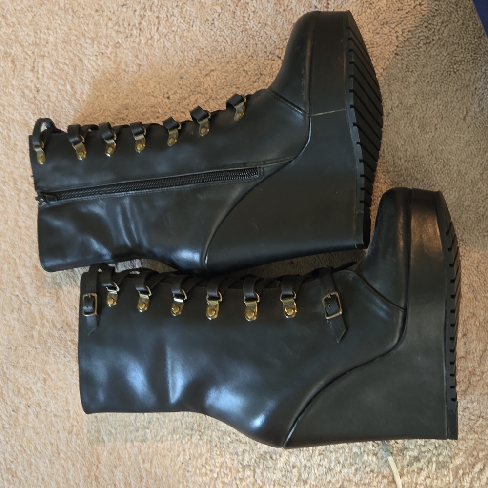 Kelsi Dagger Black Leather Platform Boots